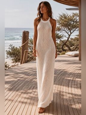 Summersalt Women S Crochet Open Knit Sleeveless Halter White Maxi Dress 100% Ctn